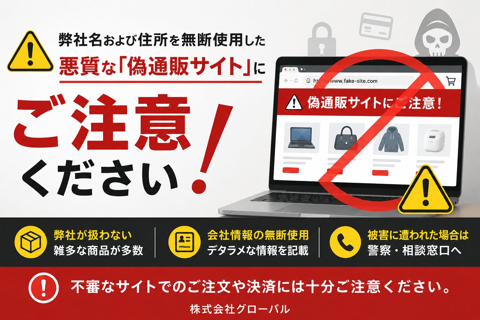 弊社名および住所を無断使用した悪質な「偽通販サイト」に関するご注意
